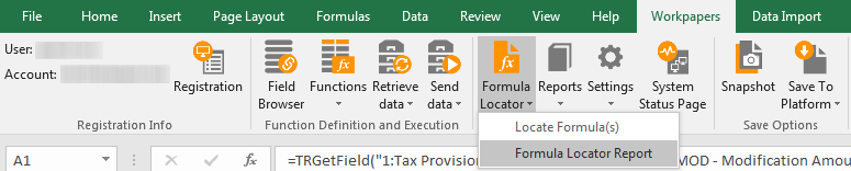 Screen capture showing the Formula Locator Report menu option.